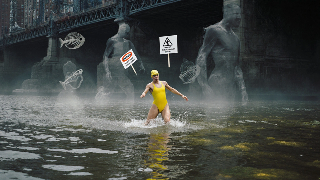 Плывущий человек на чистой воде, но под поверхностью видны токсичные отложения и скелеты рыб.