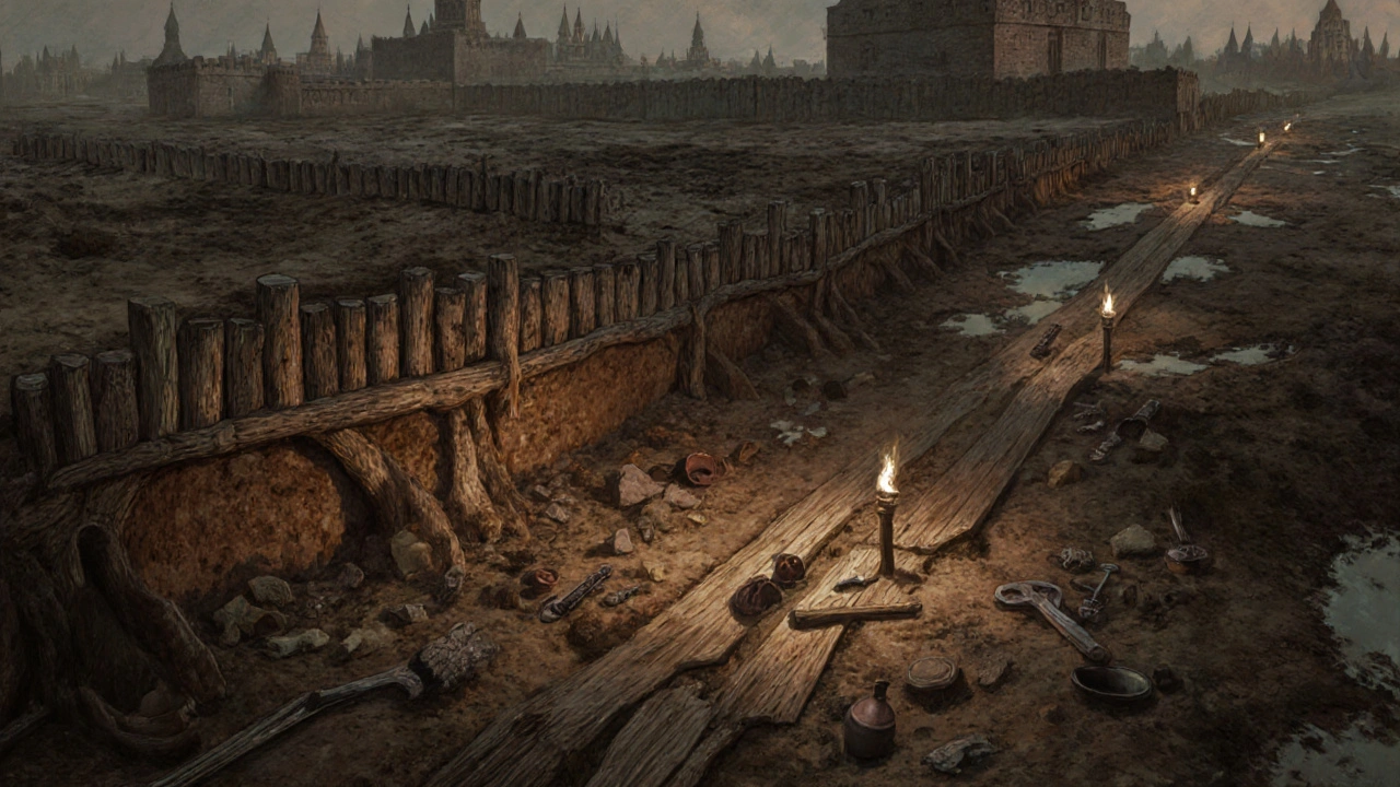 Археологический разрез древней Москвы: деревянные дома, дорога, оружие и керамика, найденные на территории Кремля.