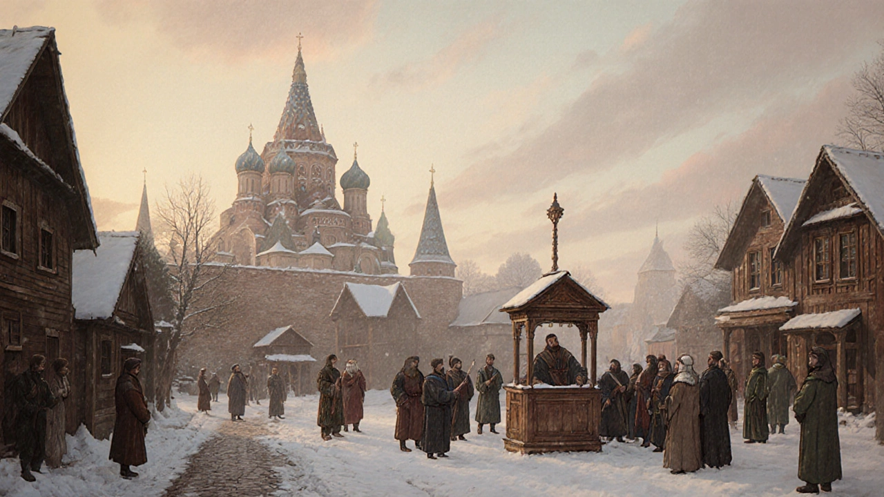 Детинец в Новгороде, собор Святой Софии и собрание вече на рассвете.