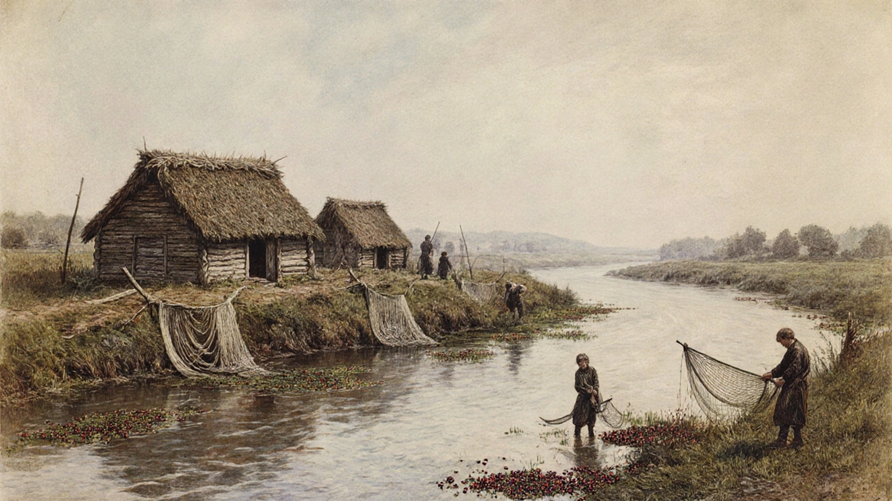 Древнее славянское поселение на берегу медленной реки с деревянными избами и рыболовными сетями.
