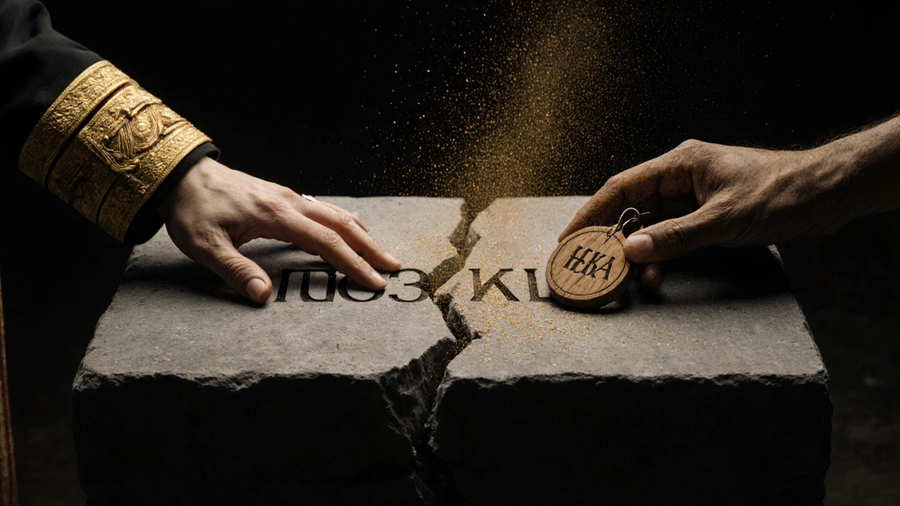 Две руки — имперская и крестьянская — сражаются за имя города на камне.