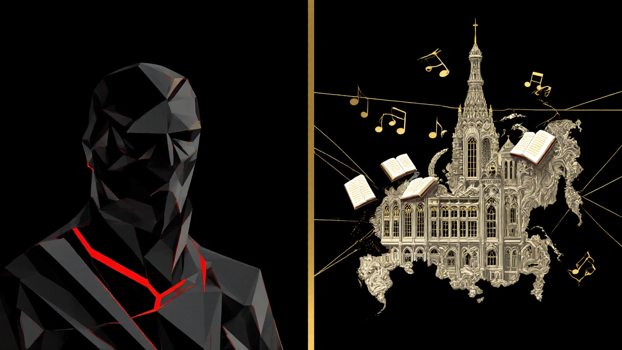 Двойной портрет: Кремль и Эрмитаж, соединенные золотой нитью в форме России.