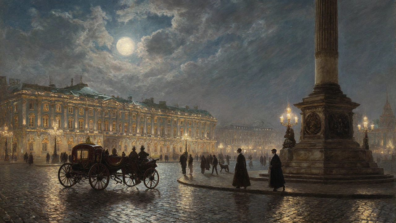 Дворцовая площадь в Санкт-Петербурге в XIX веке, зимний дворец и лампы в тумане.