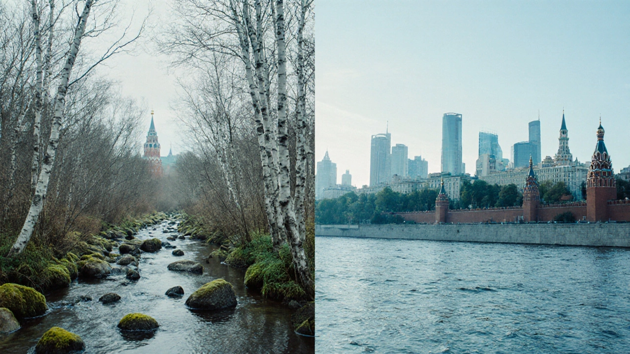 Двухчастная сцена: древняя река слева, современная Москва справа — они сливаются в единую историю.