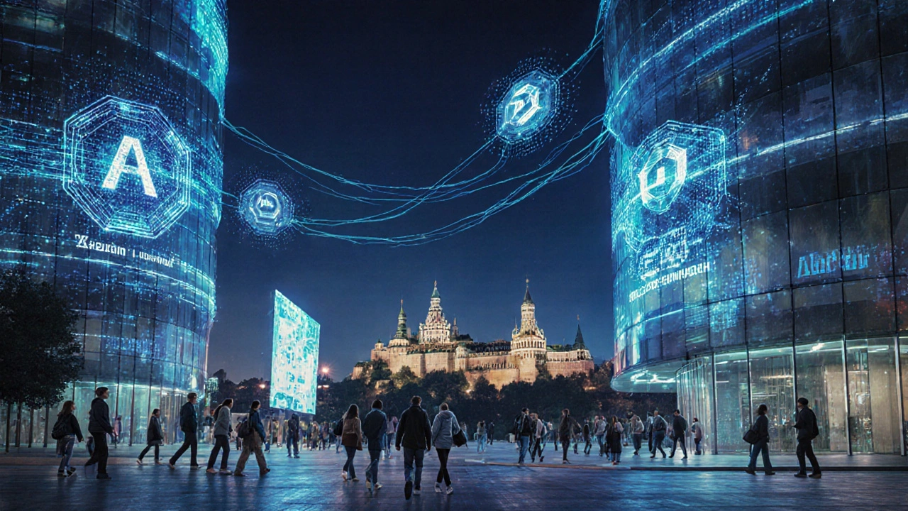 Казань, Иннополис: современный технологический кластер с голограммами и светящимися зданиями.