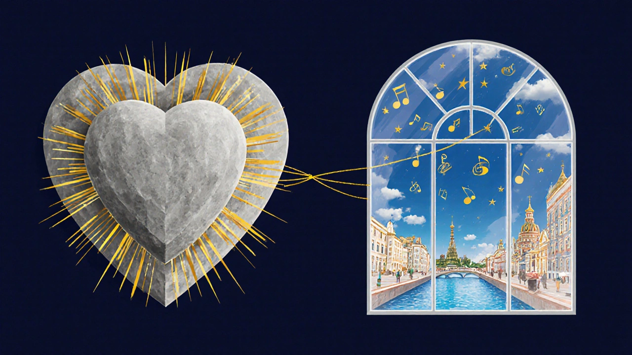 Концептуальное изображение Москвы как сердца власти и Санкт-Петербурга как окна в культуру.