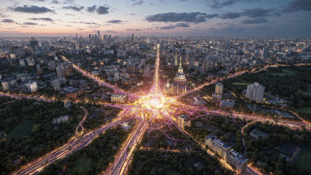 Концептуальное изображение Москвы как живого организма с разрастающимися венами инфраструктуры.