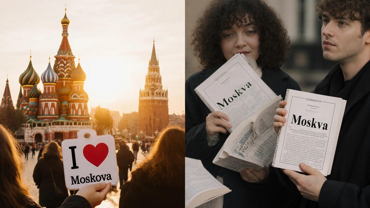 Кремль и научные книги с разными написаниями названия города в одном кадре.