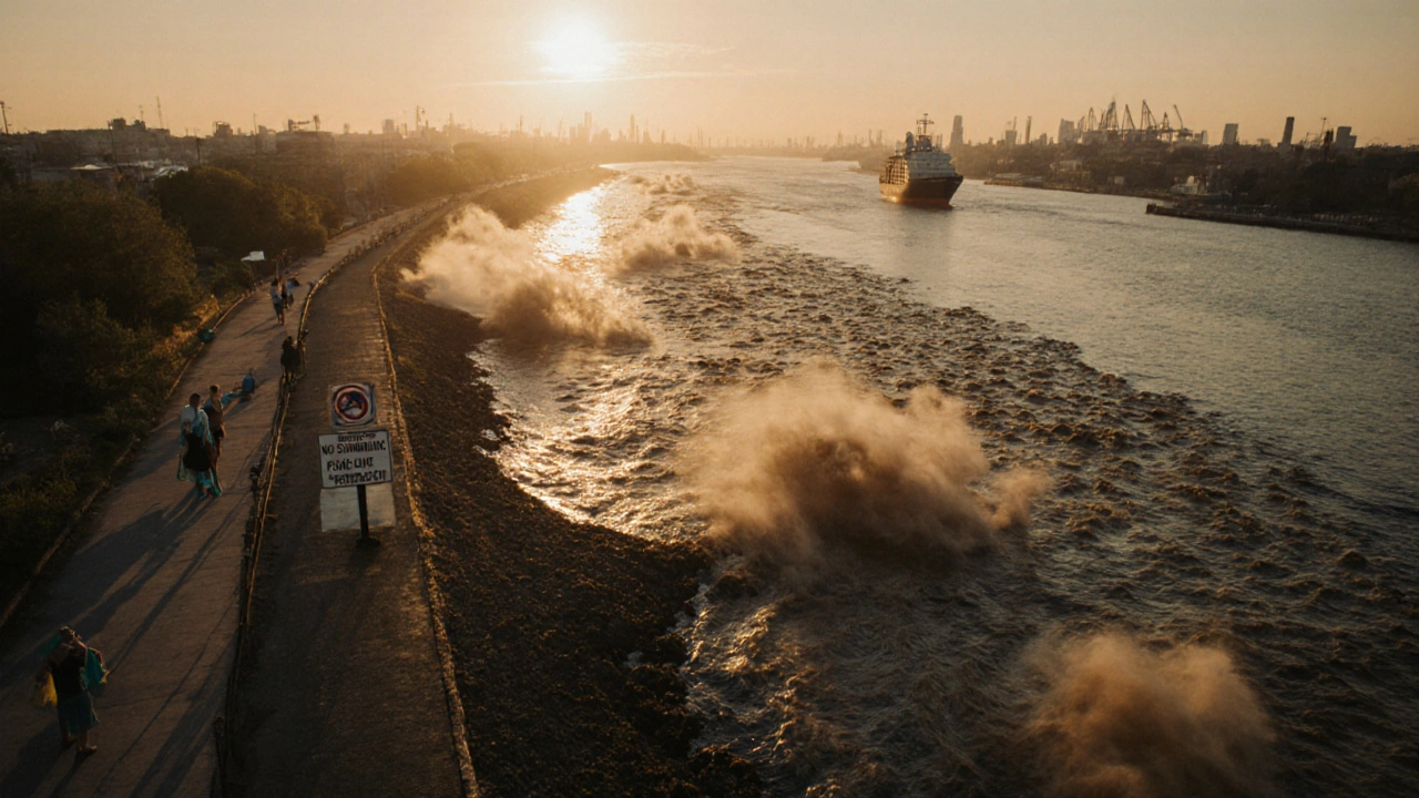 Люди у берега с купальниками возле таблички «Купание запрещено», под водой — всплывающие слои загрязнённого ила.