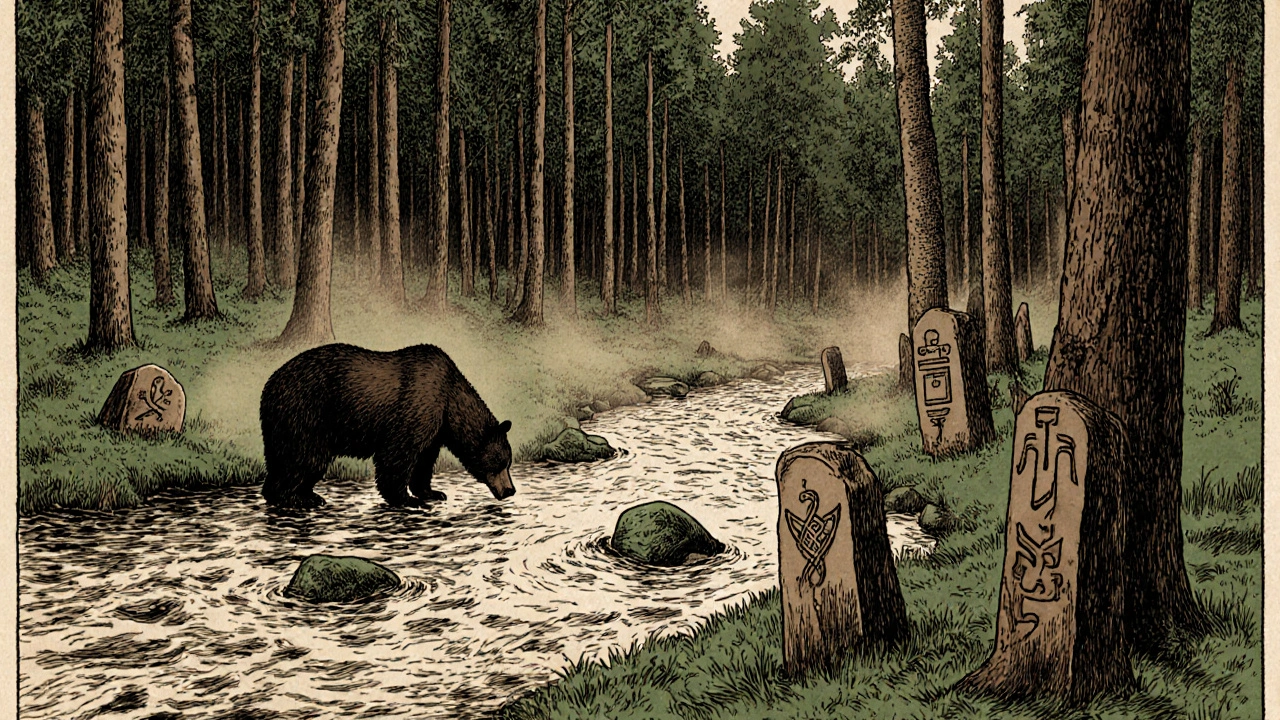 Медведь у реки в лесу с древними символами на деревьях.