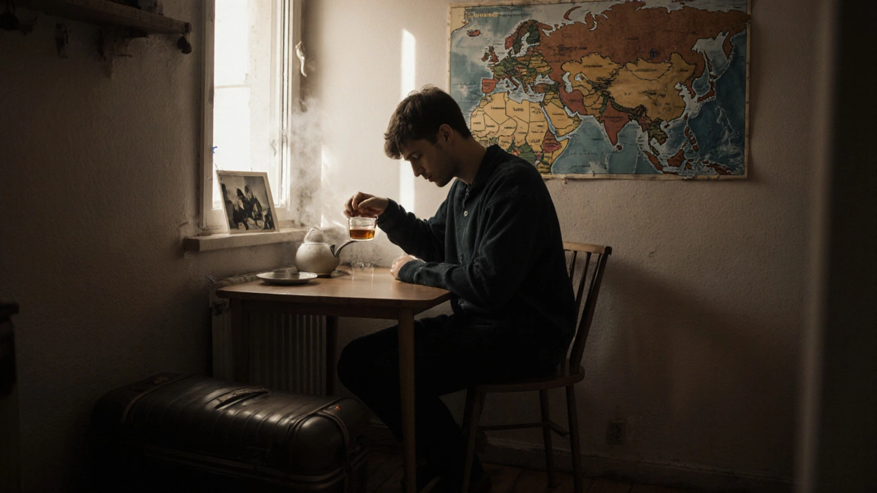 Молодой человек из другого города пьёт чай в тёплой кухне, на стене карта России с метками, на окне фото семьи.