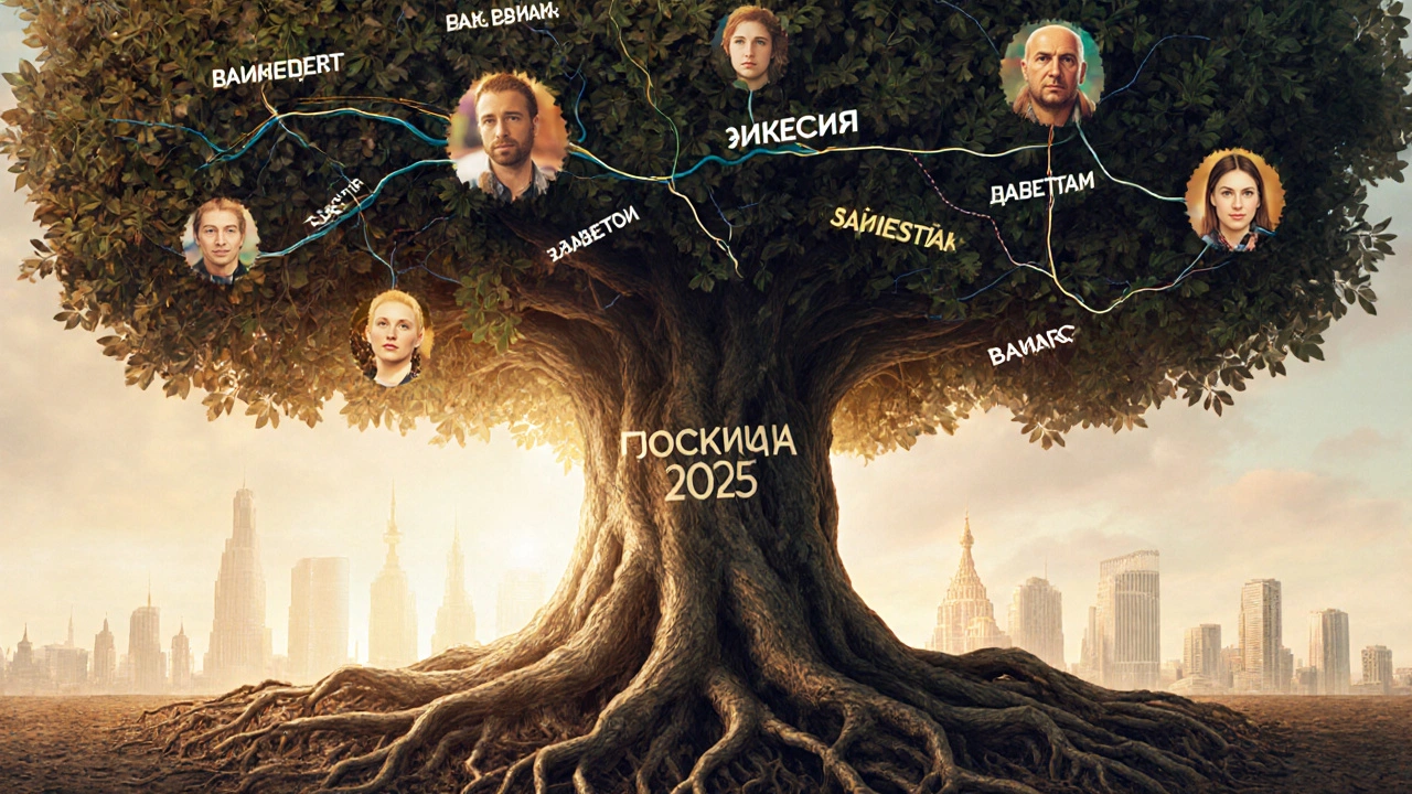 Москва как древнее дерево с корнями из регионов, ветви — линии метро, листья — лица приезжих, символ поглощения и принятия.