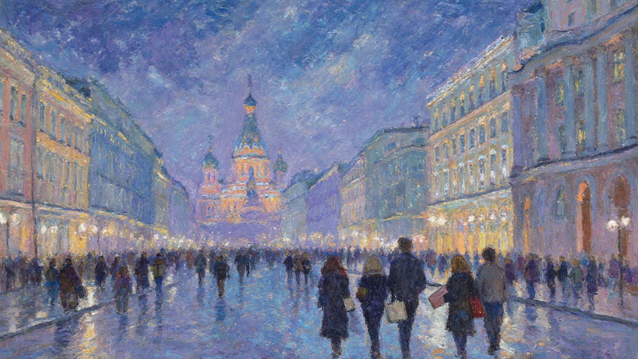 Невский проспект в Санкт-Петербурге во время Белых ночей с пастельными фасадами и прогуливающимися людьми.