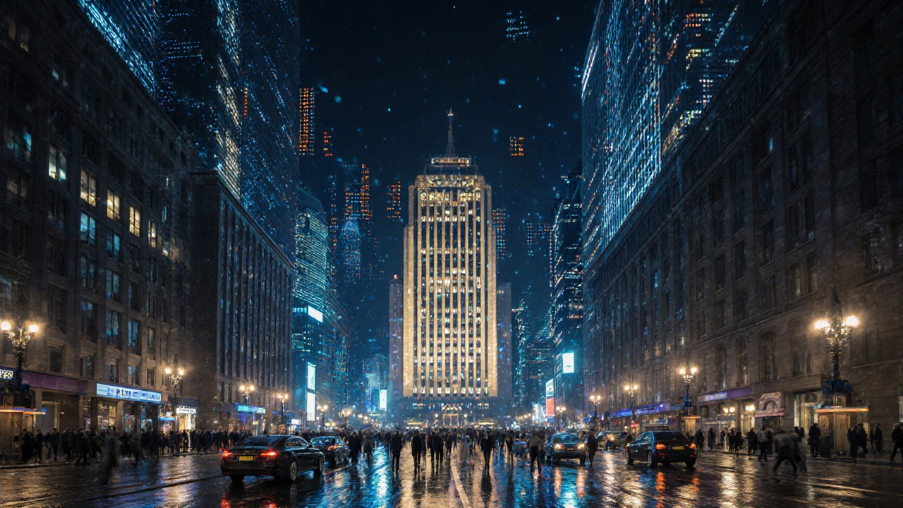 Ночной финансовый центр Москвы, небоскрёбы светятся, отражения на мокрой улице, здание Московской биржи в центре.