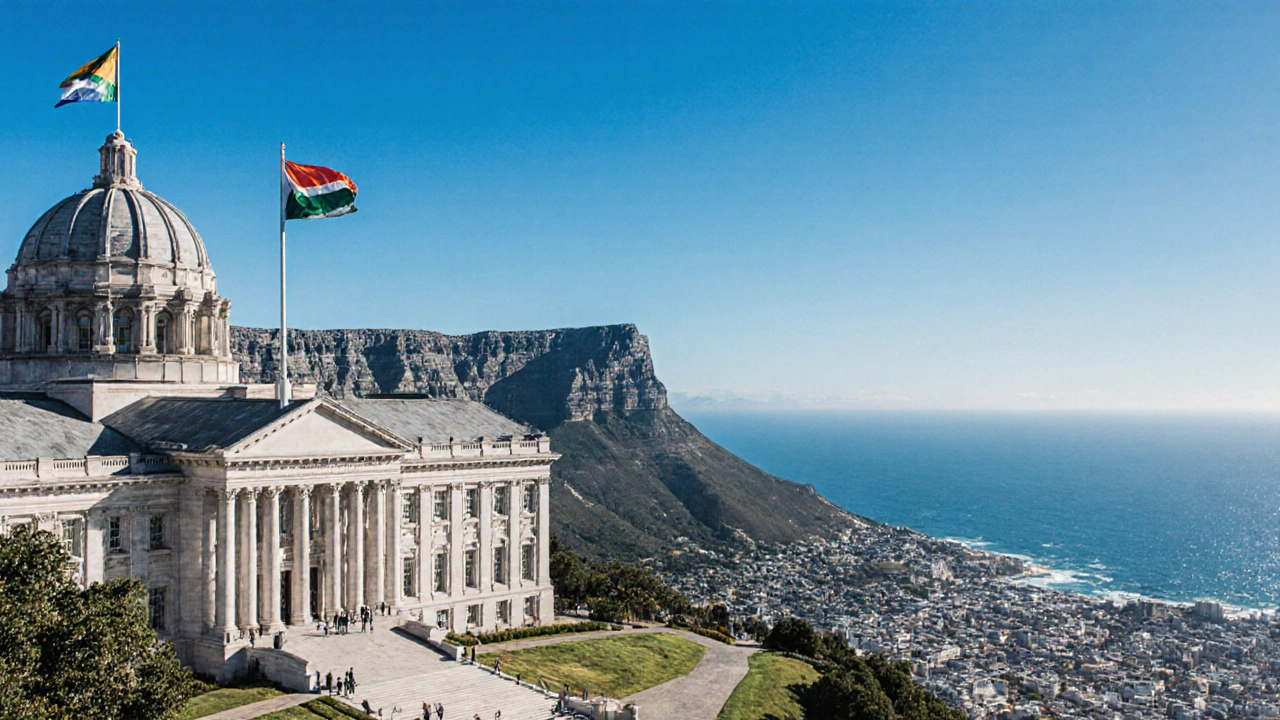 Парламент в Кейптауне на фоне горы Матерн и Атлантического океана.