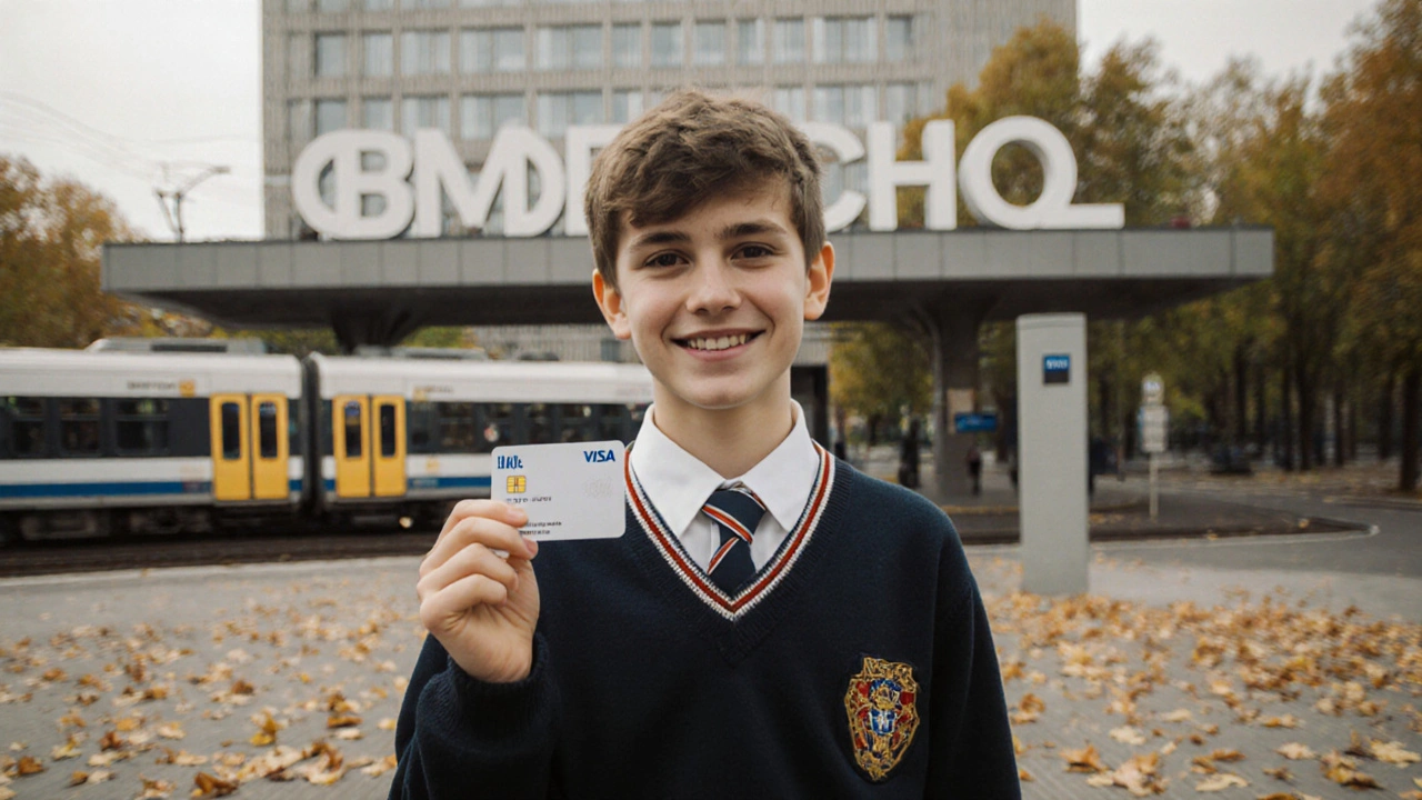 Подросток в школьной форме стоит перед школой в Троицке с картой московского метро.