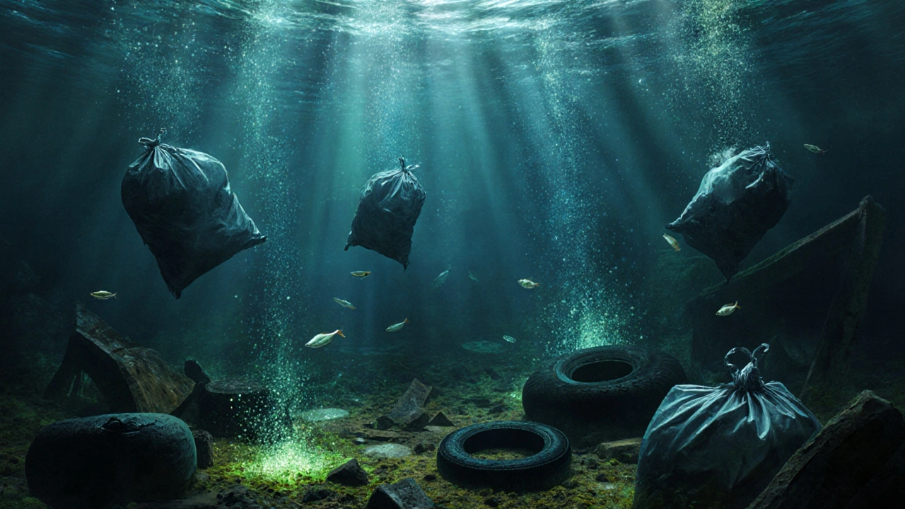 Подводный вид Москвы-реки: плавающий мусор, токсичные водоросли и рыбы среди загрязнённой мутной воды.