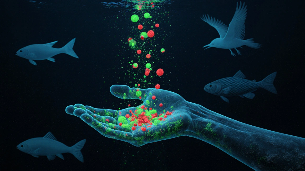 Прозрачная рука, впитывающая токсичные частицы из донных отложений реки, окружённая заражённой рыбой.