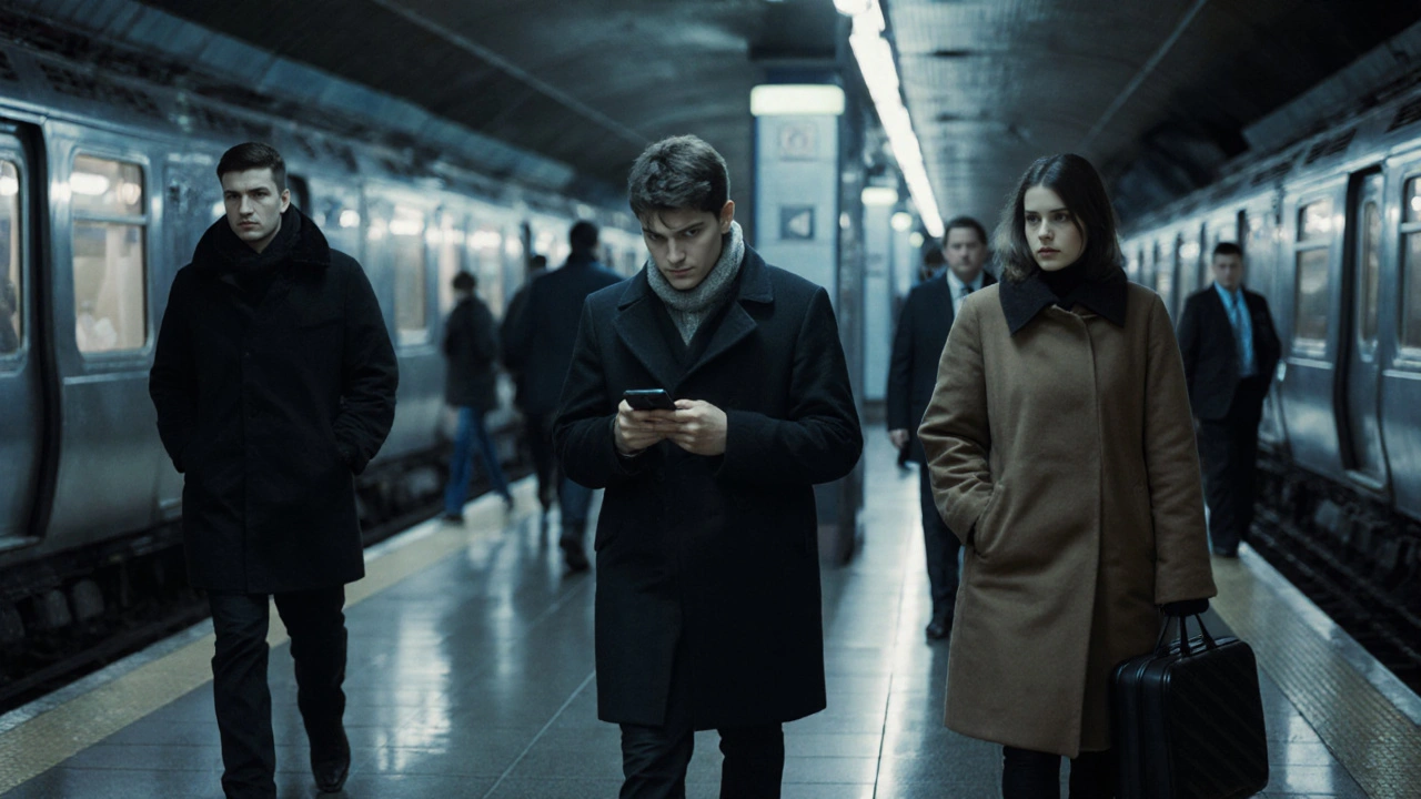 Разнообразная толпа в московском метро, пассажиры в зимней одежде движутся в тишине, никто не обращает внимания друг на друга.