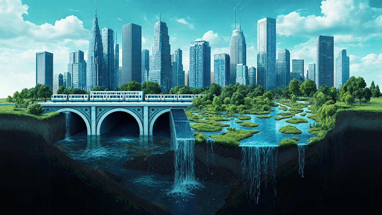 Разрез Москвы: небоскребы над подземным слоем воды, зеленый парк с искусственными болотами поглощает дождь, символ устойчивости.