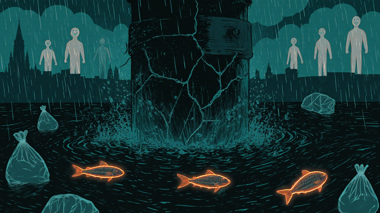 Разрушающаяся канализационная труба выливает стоки в реку, в воде — мёртвые рыбы и пластик, тени купающихся исчезают.