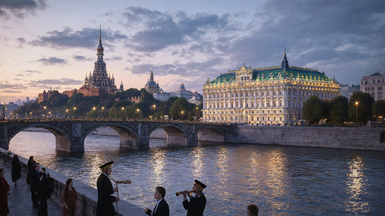 Санкт-Петербург в Белые ночи с Эрмитажем и рекой Невой под тёплым светом.