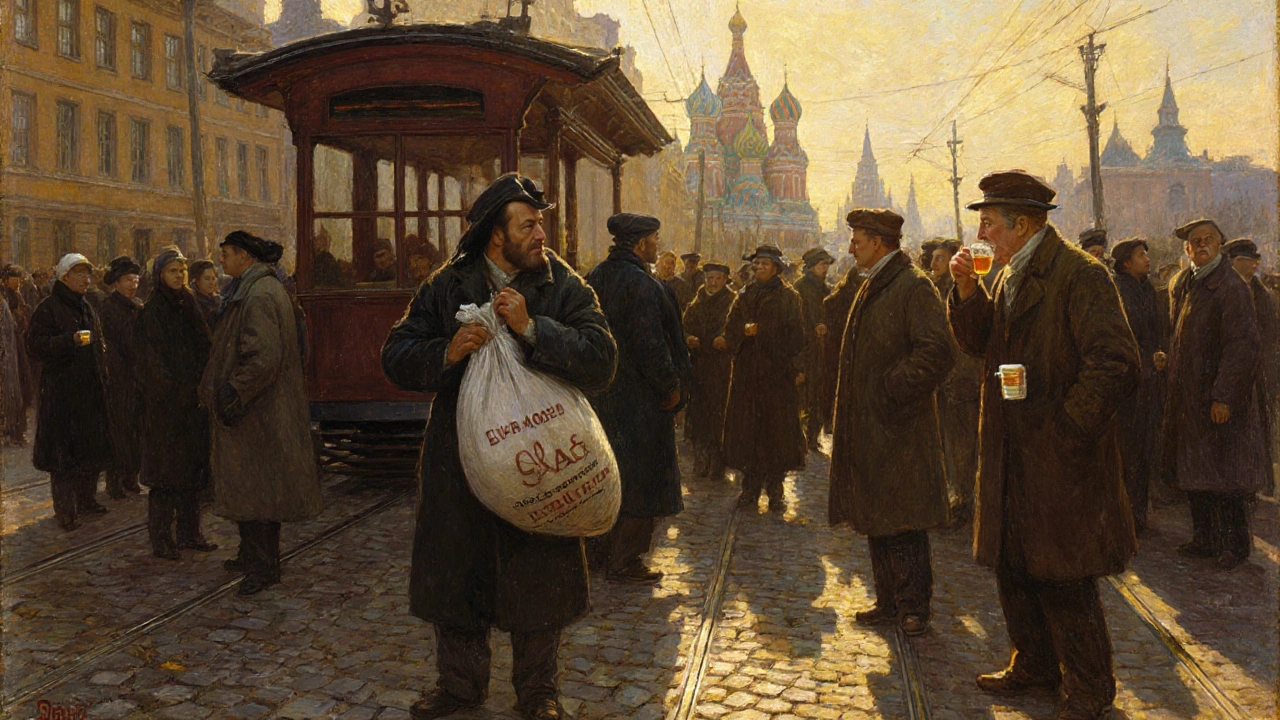 Сельский житель с салом в бумаге смотрит в замешательстве, пока москвич пьёт чай с мёдом на улице XIX века.