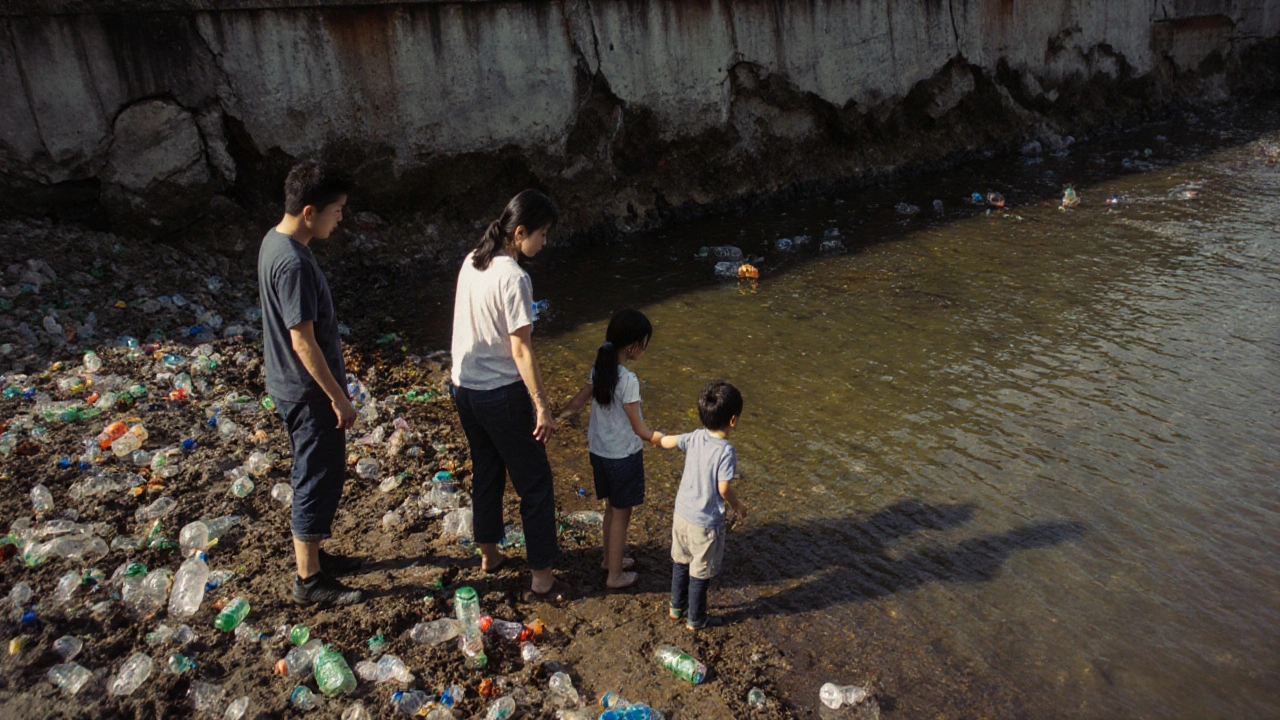 Семья осторожно стоит на берегу реки Яуза, удерживая ребёнка от воды, вокруг — мусор и сточные воды.