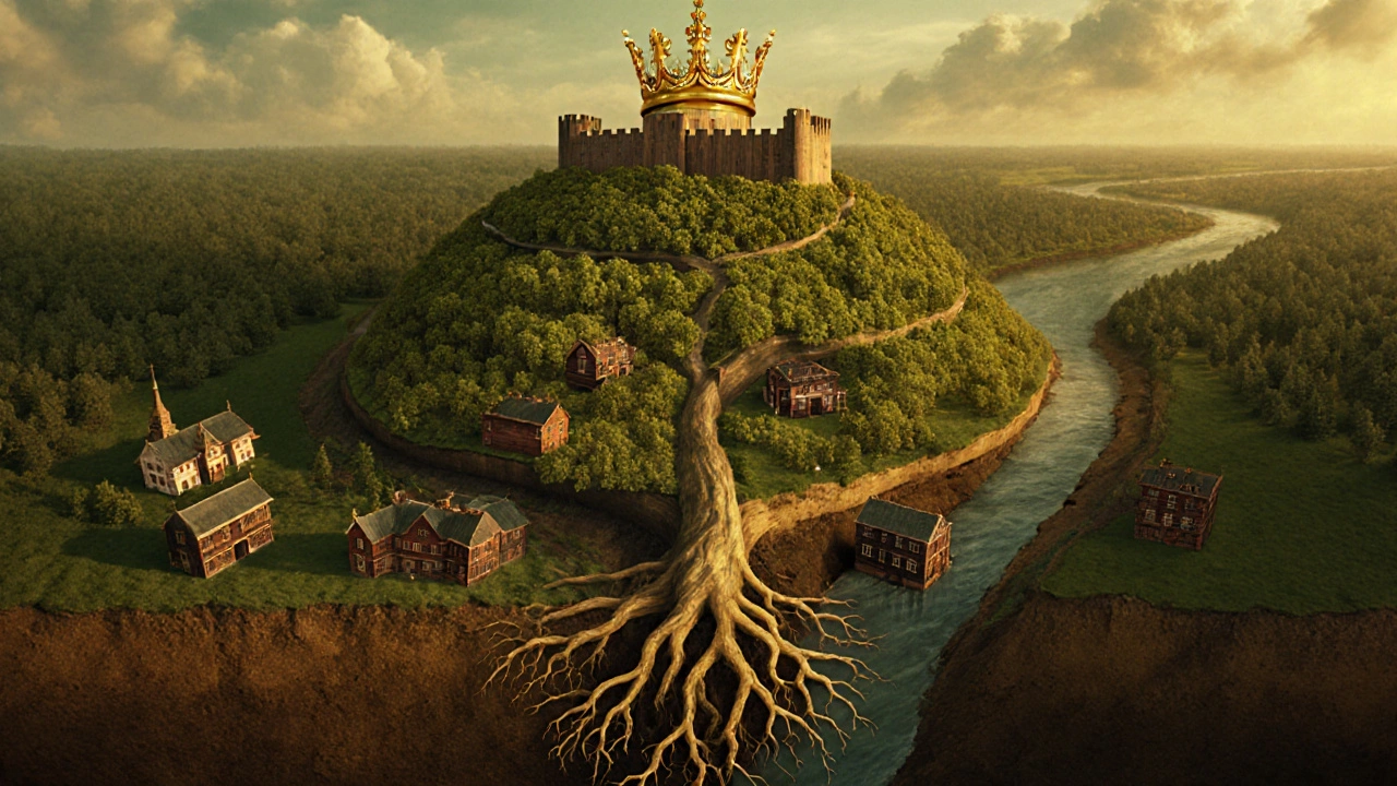 Символическое изображение Москвы как дерева: корни — финно-угорские поселения, ствол — славянские постройки, вершина — крепость и корона.