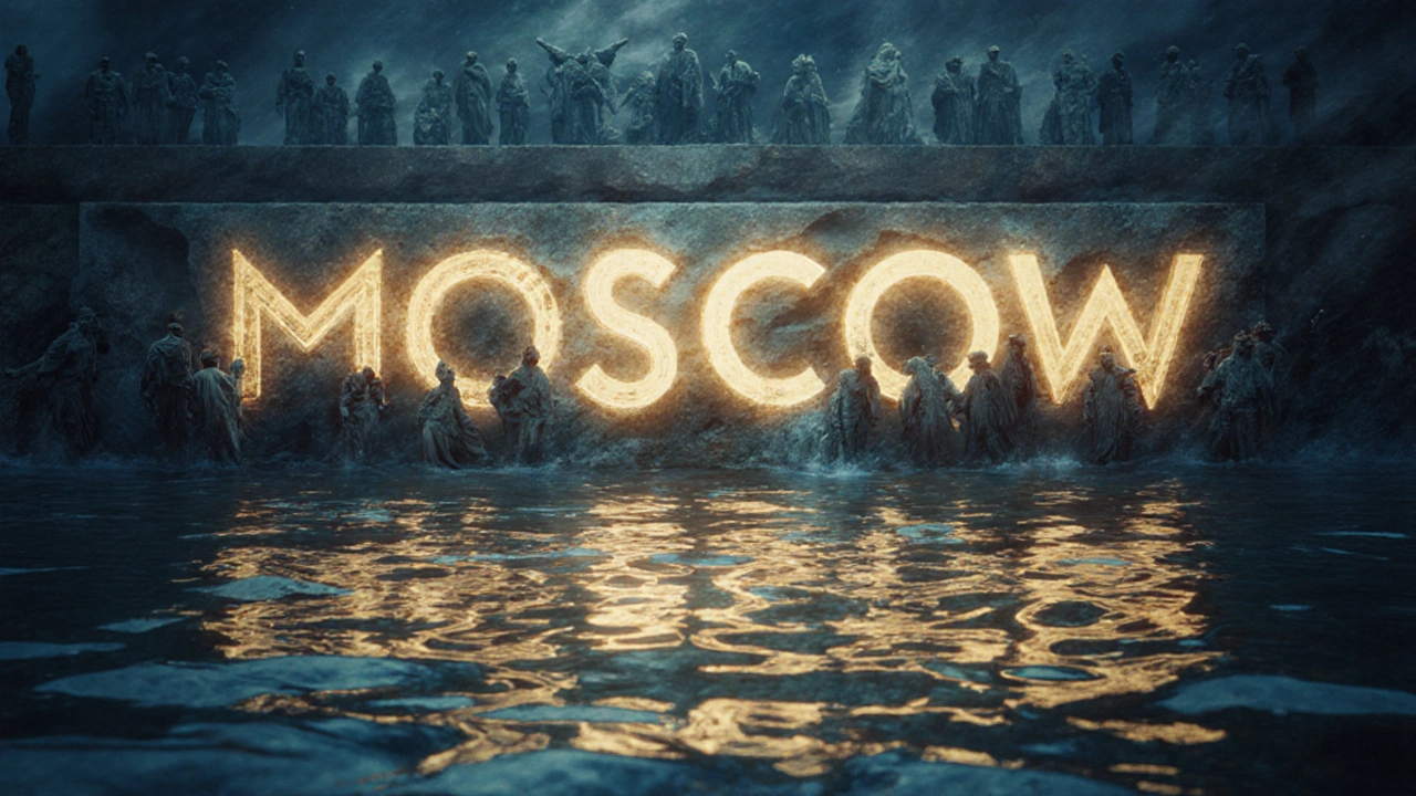 Символическое отражение названия &#039;Москва&#039; в воде среди культурных слоев.