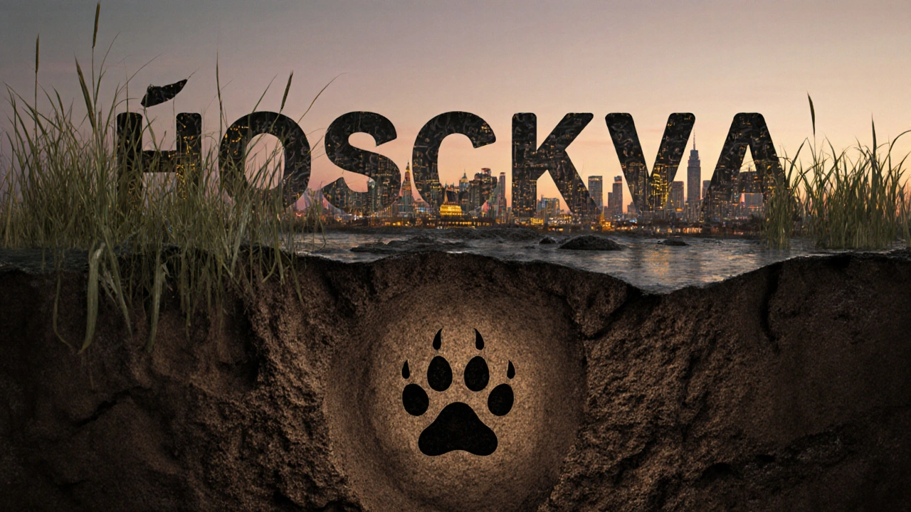 Слово &#039;Москва&#039; сложено из болот, следа медведя и силуэта города.