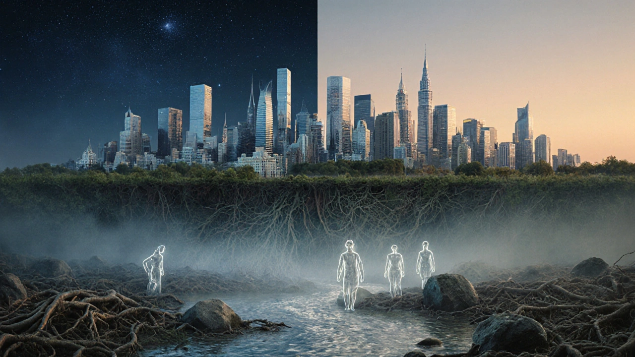 Современная Москва растет из древнего болота, где видны призрачные фигуры древних народов.