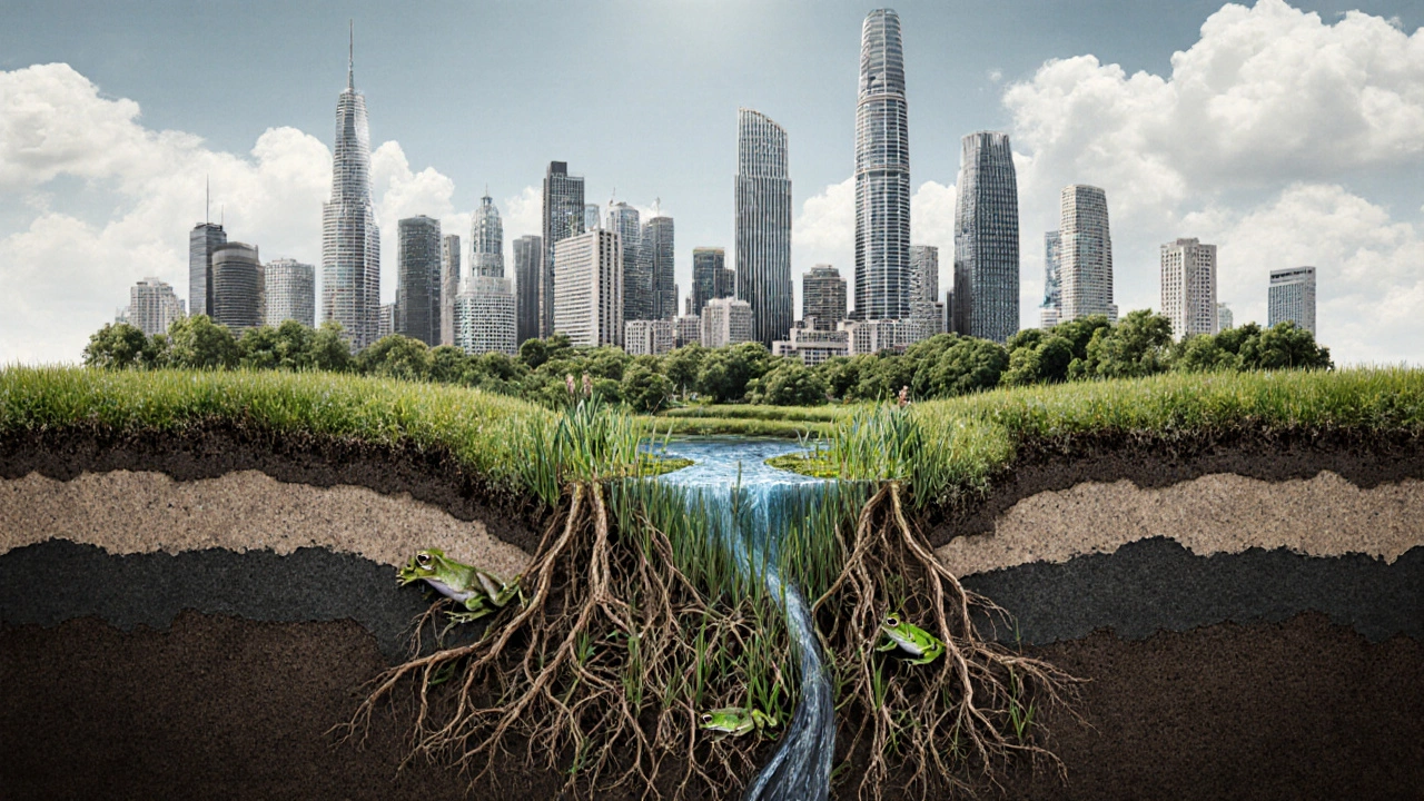 Современная Москва с подземными болотами и растительностью, прорастающими сквозь асфальт и бетон.