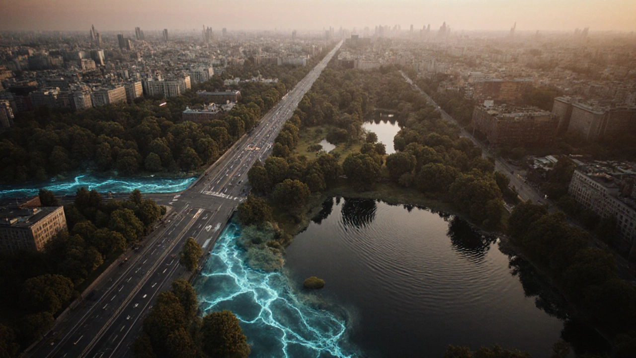 Современная Москва с видимыми следами скрытых болот под землёй.