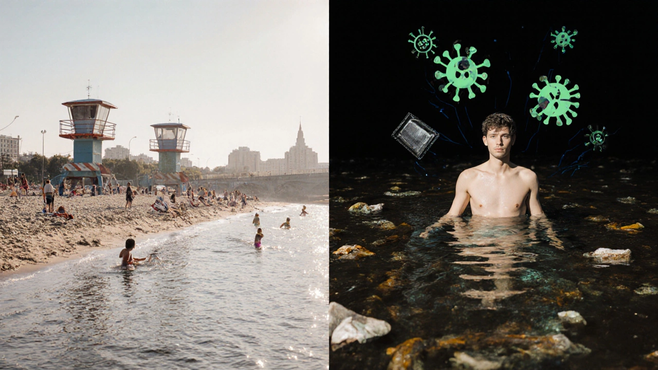 Сравнение безопасного пляжа и загрязнённой реки: один человек в двух мирах — чистом и отравленном.
