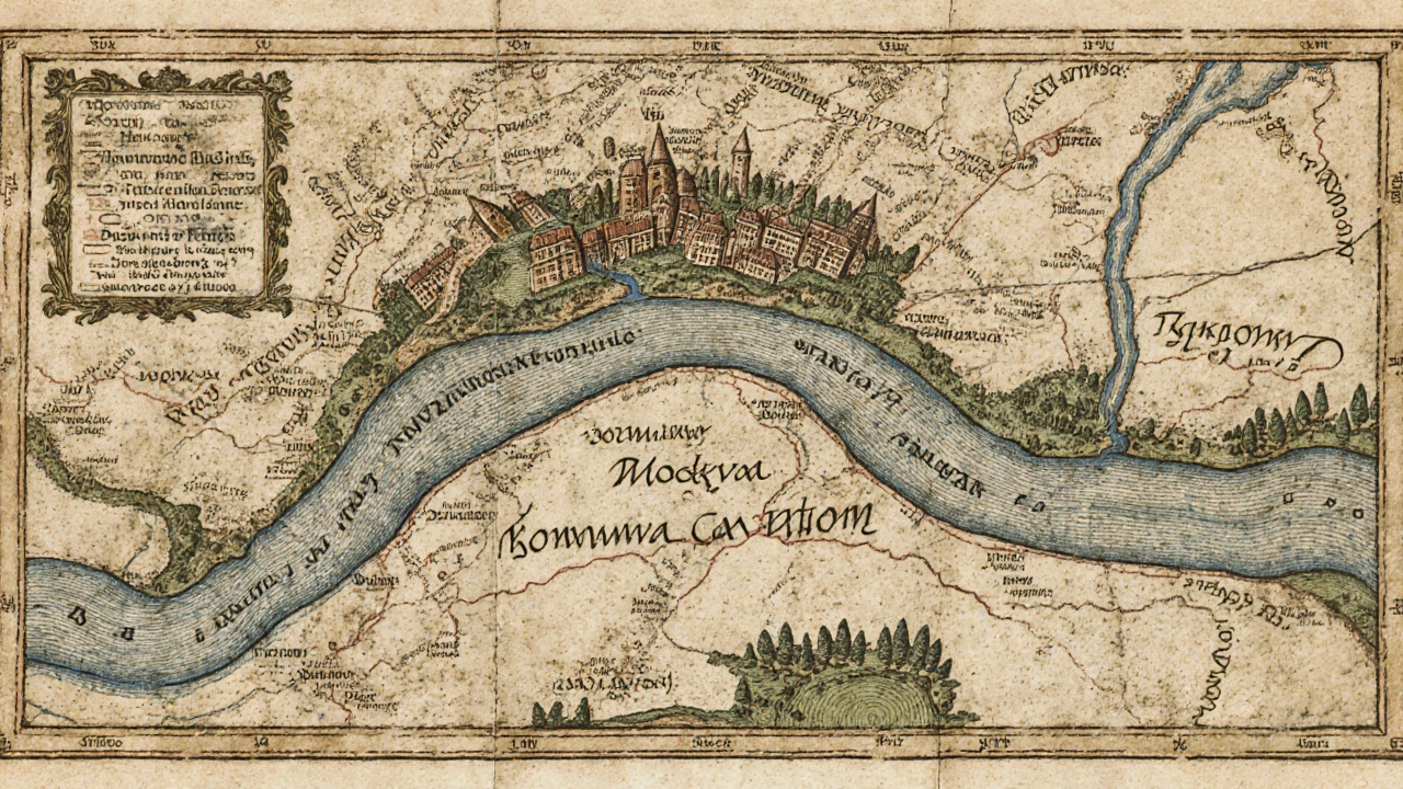 Старинная карта XV века, где река Москва — центральный элемент, а поселение обозначено крошечными значками.