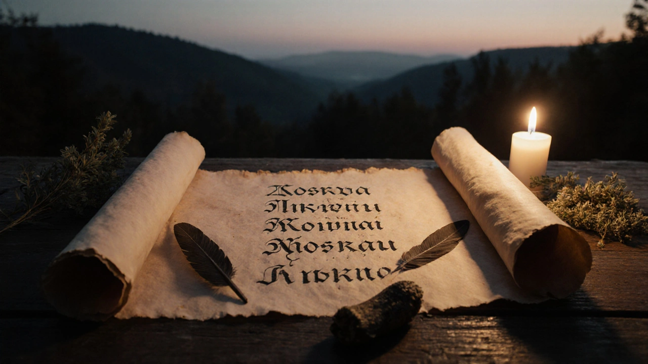 Старинная рукопись с разными вариантами написания слова 'Москва'.