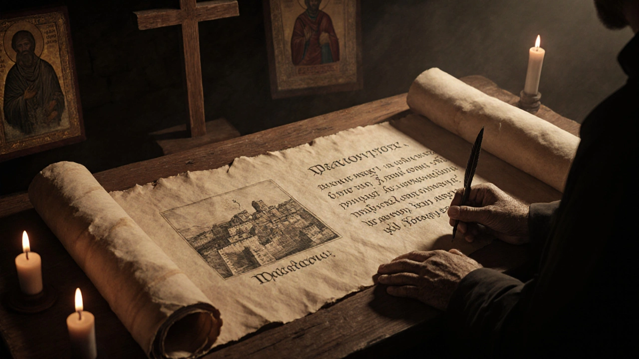 Старинный монастырский свиток с надписями &#039;Москов&#039; и &#039;Москово&#039; на старославянском языке.