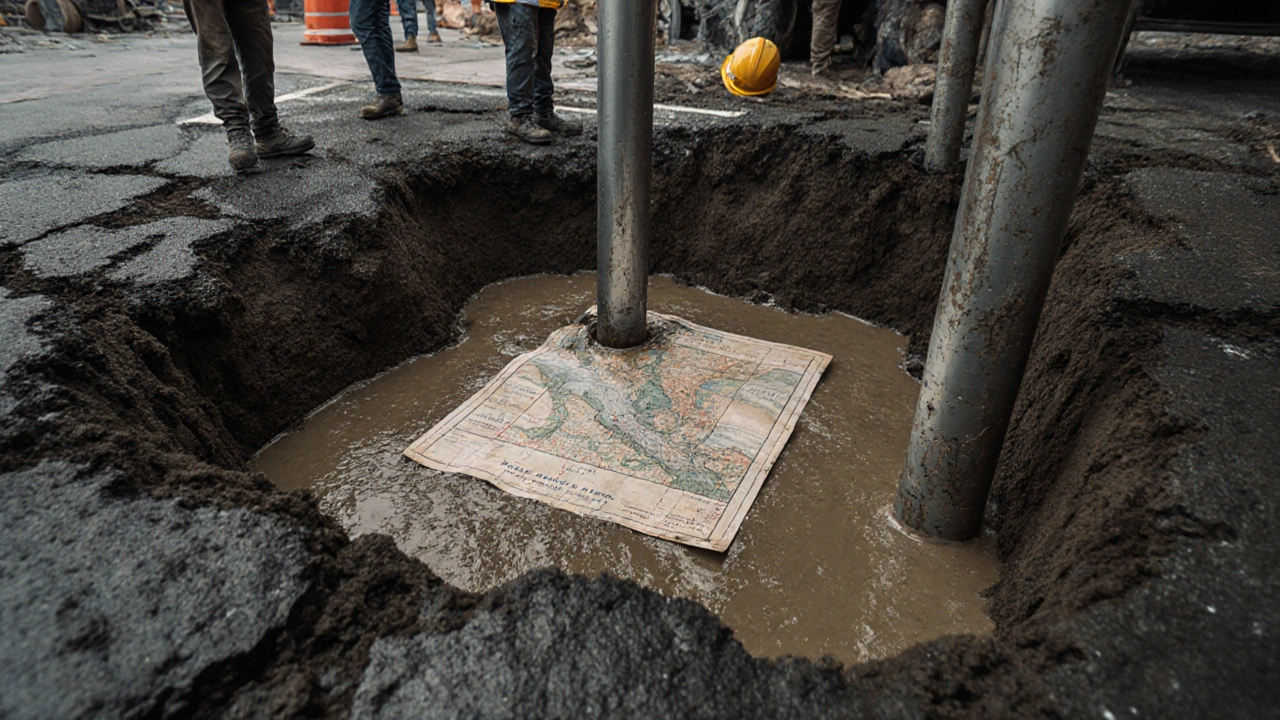 Строители устанавливают сваи в сыром грунте с обнаженными слоями торфа под асфальтом в современной Москве.