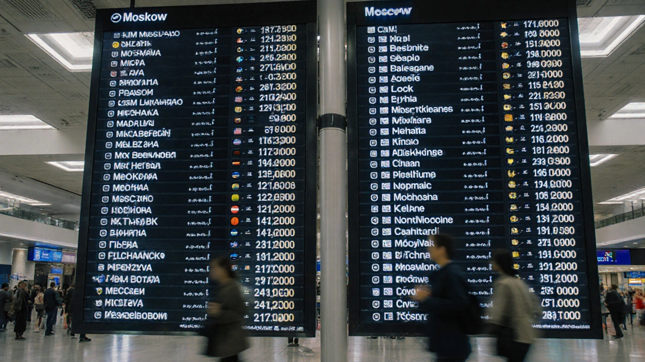 Табло аэропорта с двумя формами названия столицы: Moscow и Moskva.