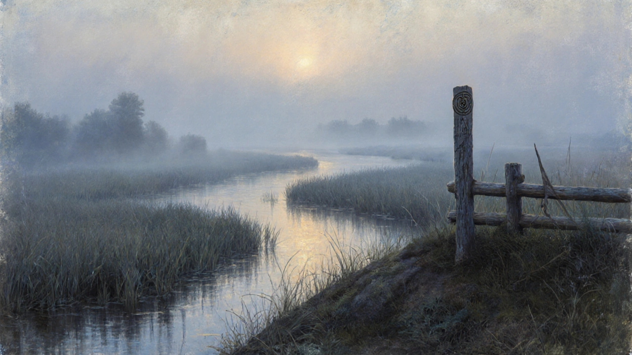 Туманный ландшафт болотистой реки с древним деревянным укреплением на фоне рассвета.