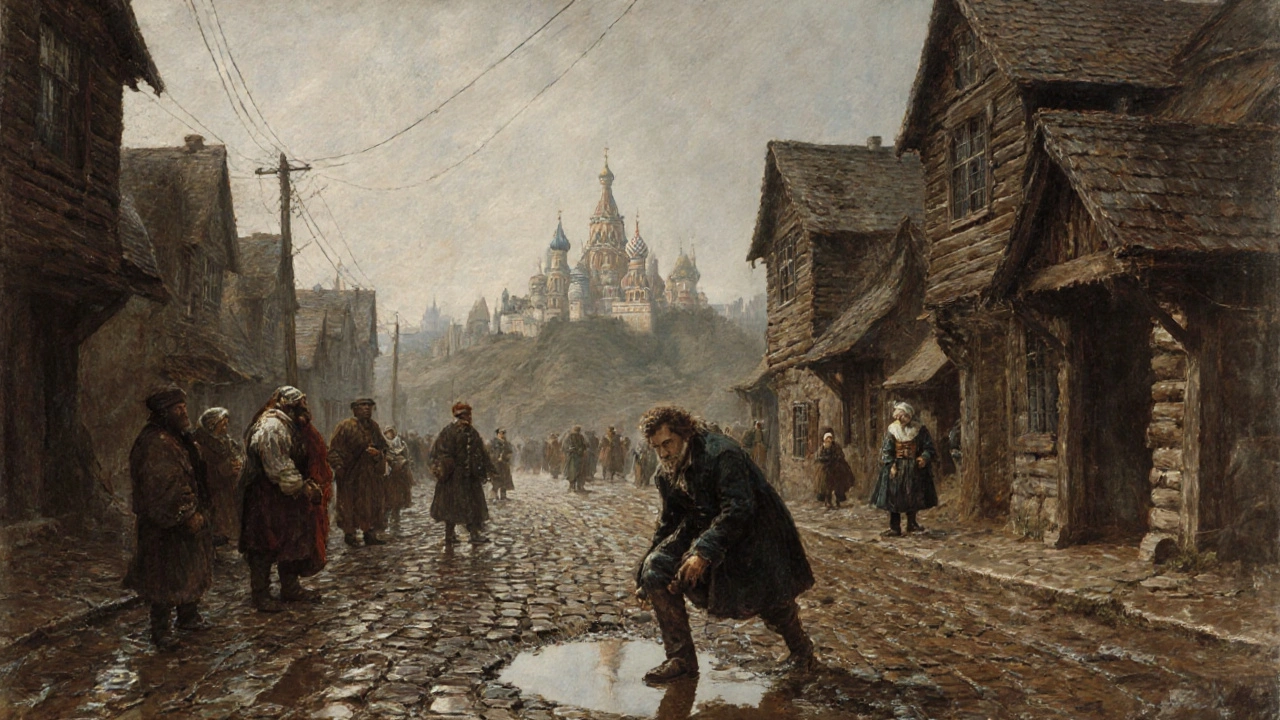 XVII век: иностранный дипломат шагает по грязным улицам Москвы, вода под ногами, вдалеке — Кремль на холме.