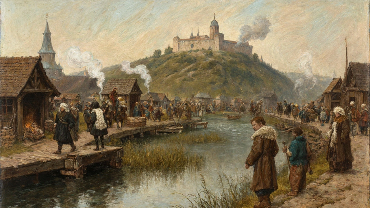 Живописная деревня у слияния рек в XII веке с деревянным кремлем на холме.