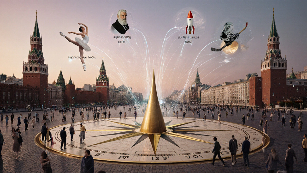 Золотой компас на Красной площади со световыми связями к городам мира, культурные символы парят в воздухе.